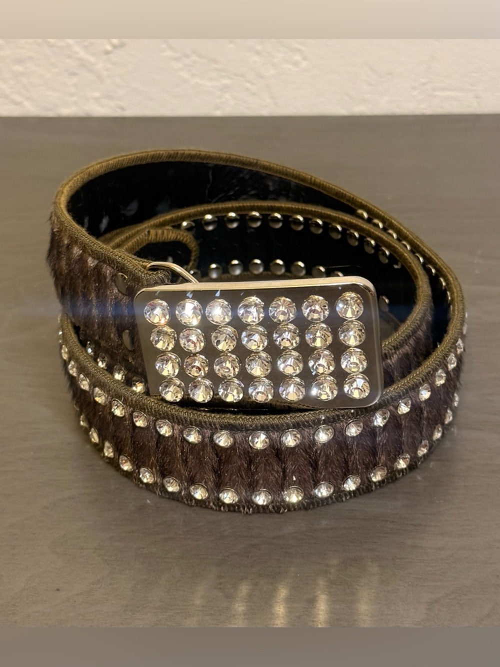 Crystal Accent Brown Faux Hair-on Leather Belt Size 42